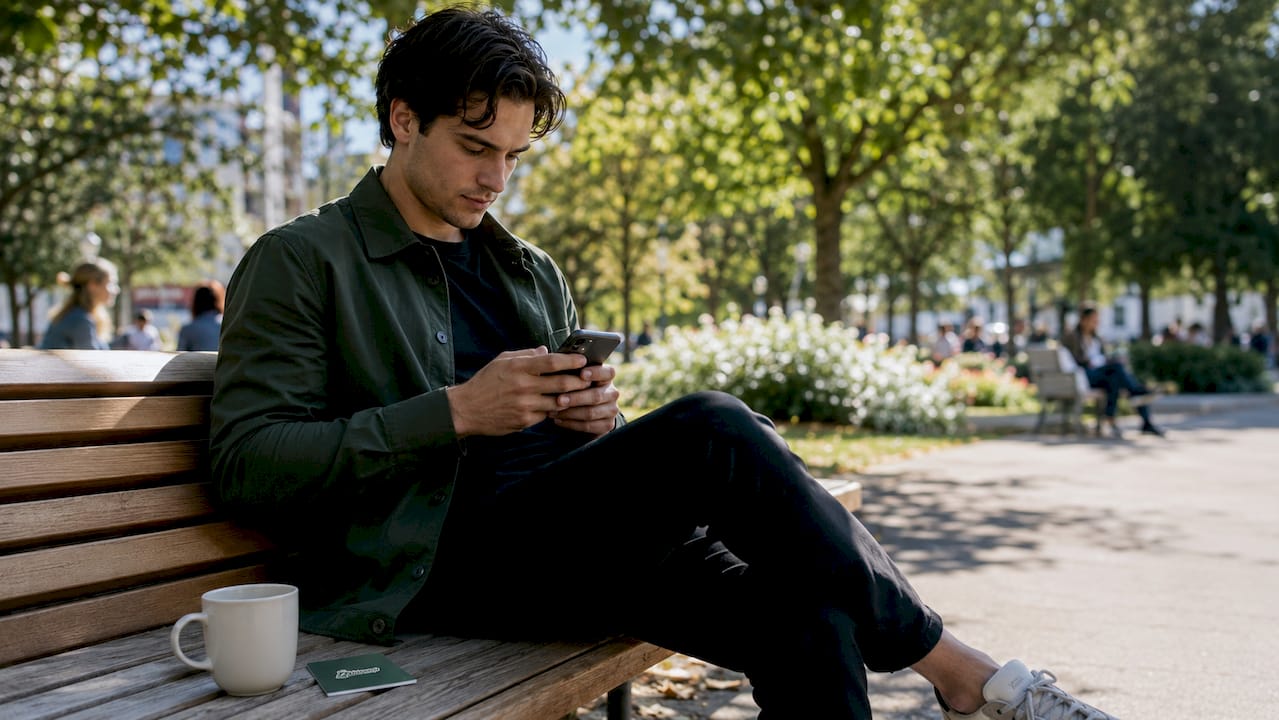 En ung mann logger inn med BankID på mobilen mens han sitter på kafé.