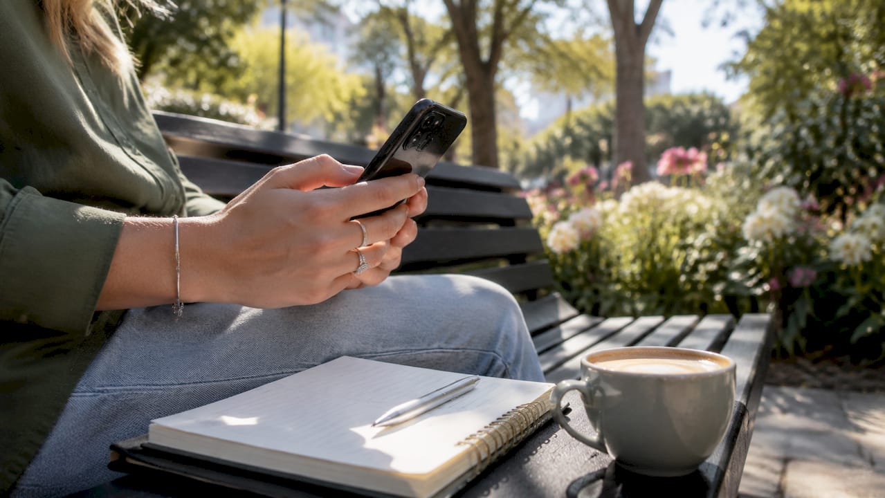 En person sitter på kafé og holder mobilen i hendene