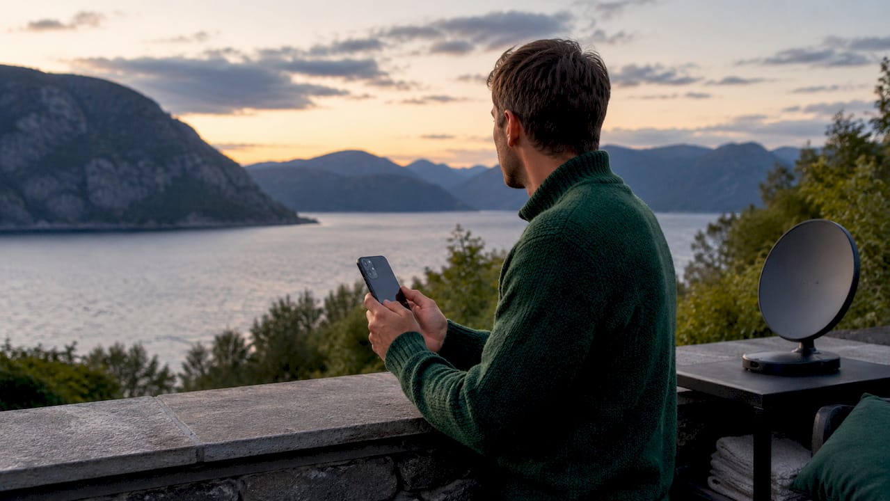 Nærbilde av hender som holder en smarttelefon ute, omgitt av satellittutstyr.