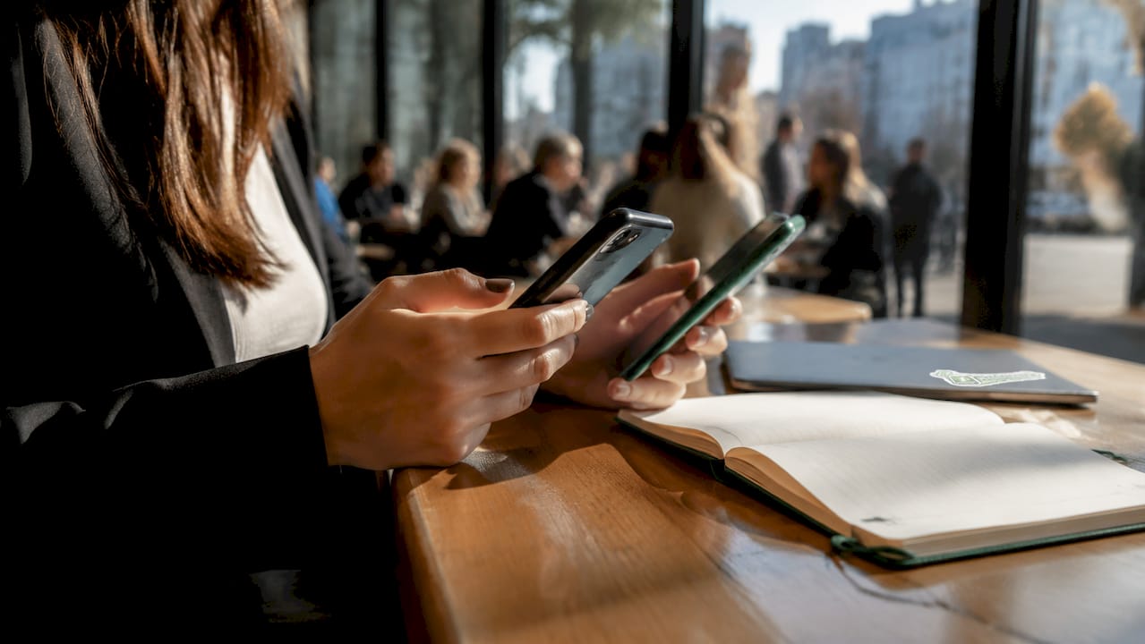 Et nært bilde av to hender som holder hver sin mobiltelefon ute