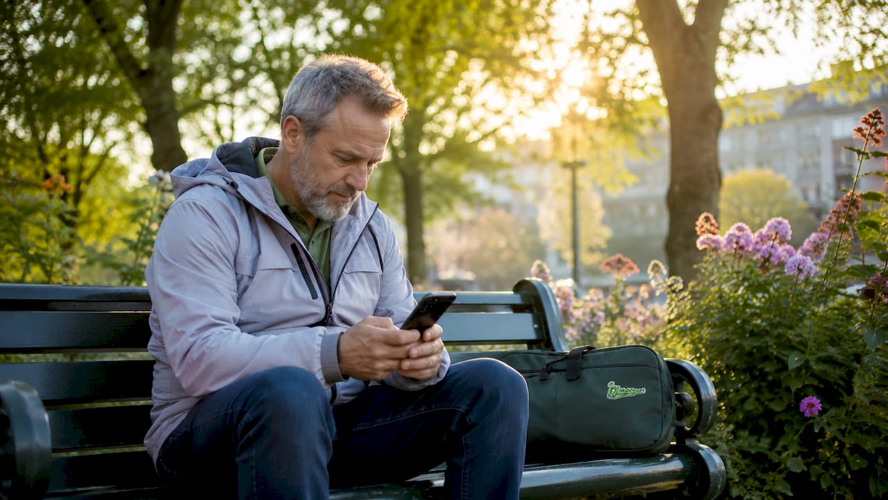 En mann sitter ute på en benk og bruker mobilen.