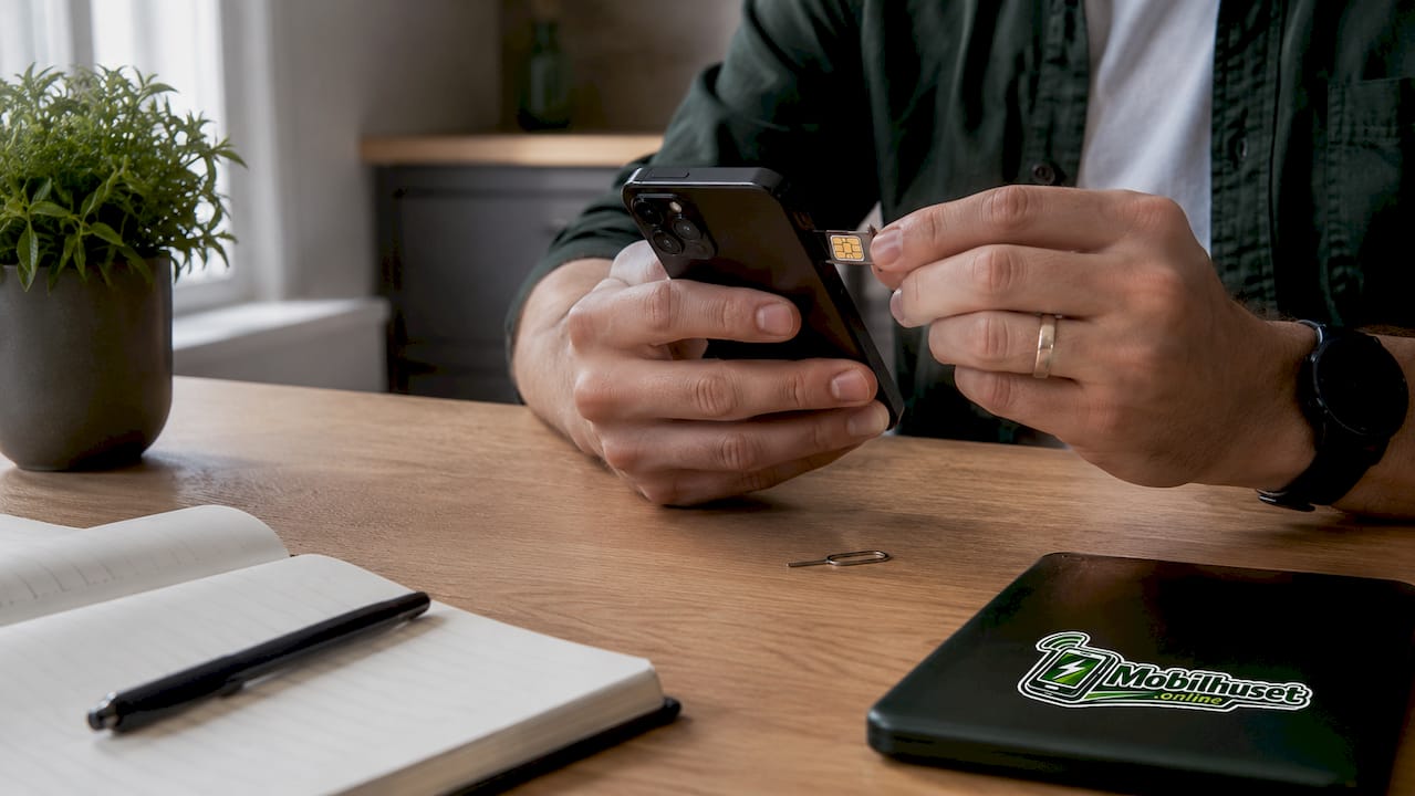 Noen setter inn et SIM-kort i mobilen.