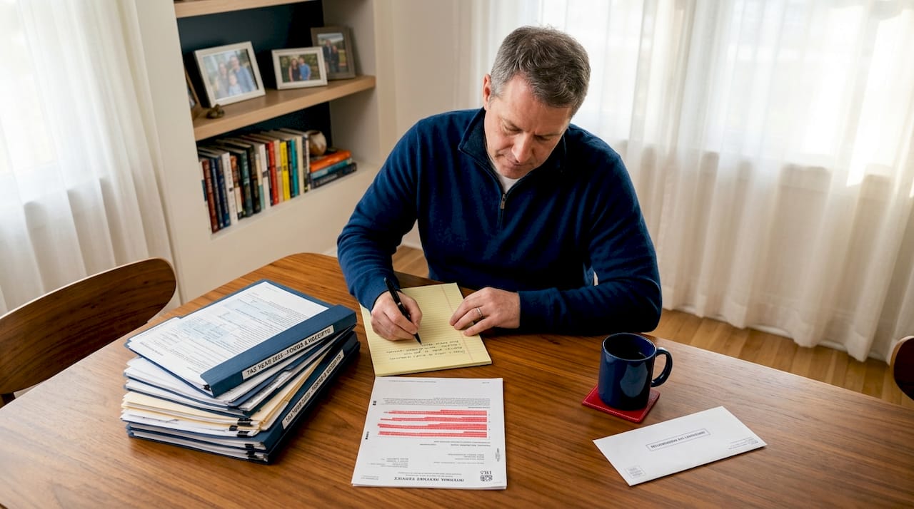 Man reviewing IRS offer paperwork on coffee table