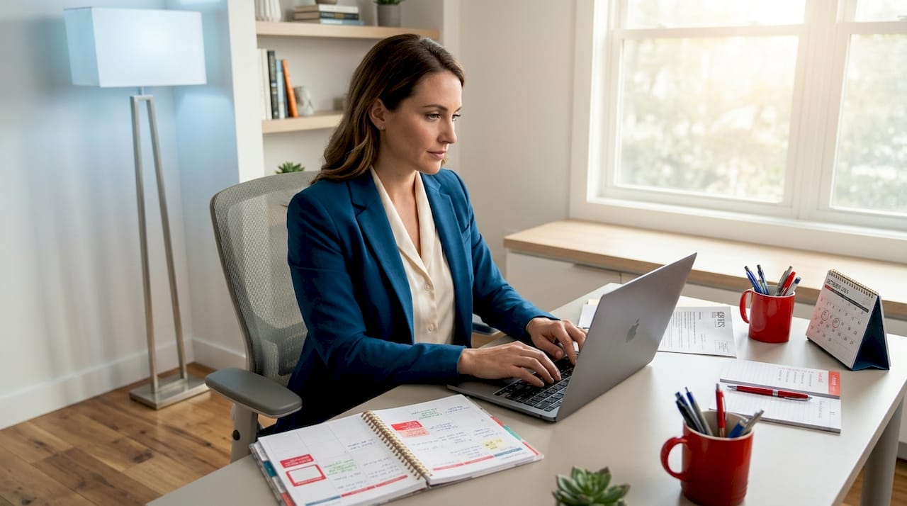 Woman filing IRS debt relief application at desk