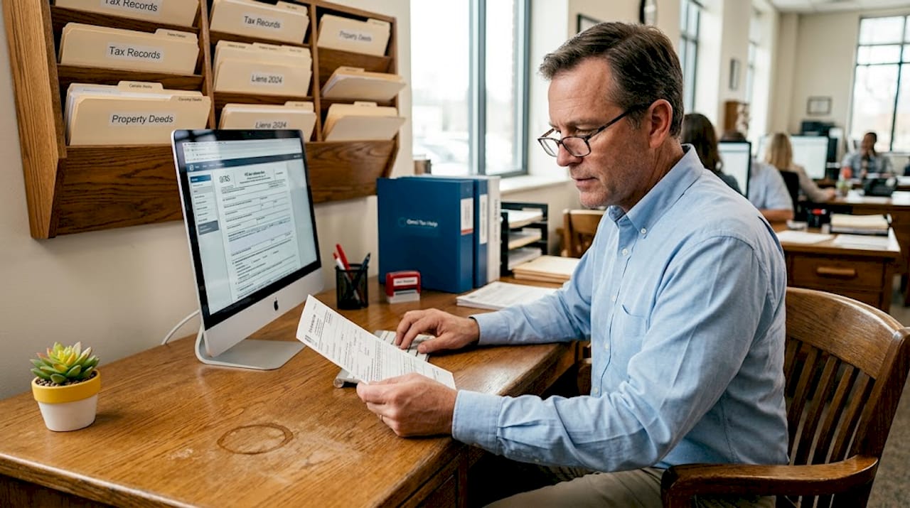 Man verifying IRS lien release form at records office desk