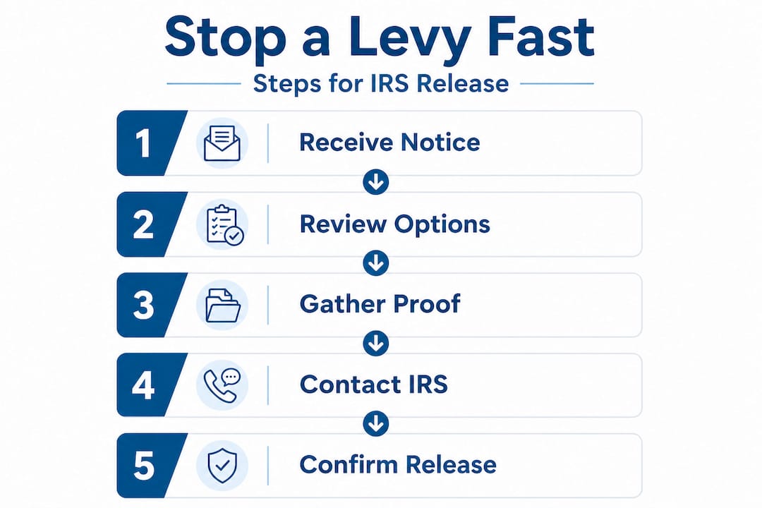 Infographic showing steps to stop IRS levy fast