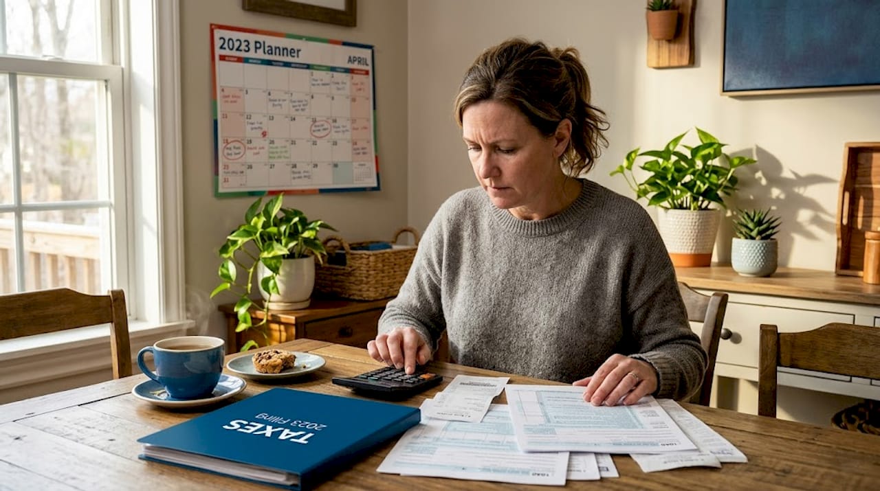 Woman organizing tax documents at kitchen table