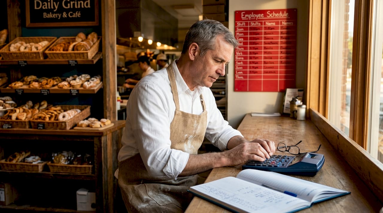 Business owner calculating payroll taxes