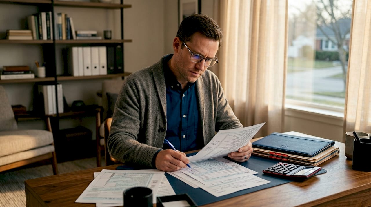 Man reviewing IRS transcript with supporting paperwork