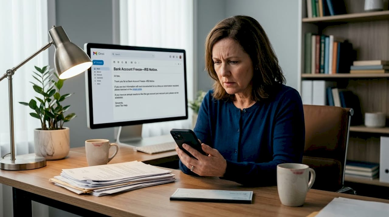 Woman reading IRS bank levy notification email