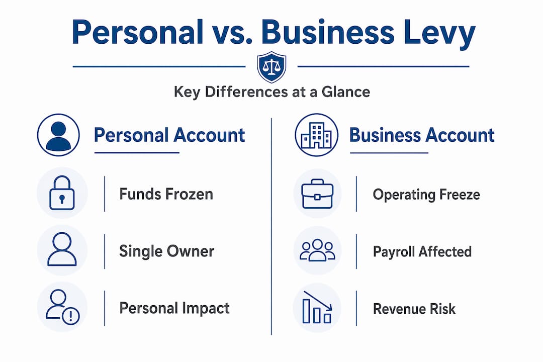 Infographic comparing personal and business IRS levy impacts