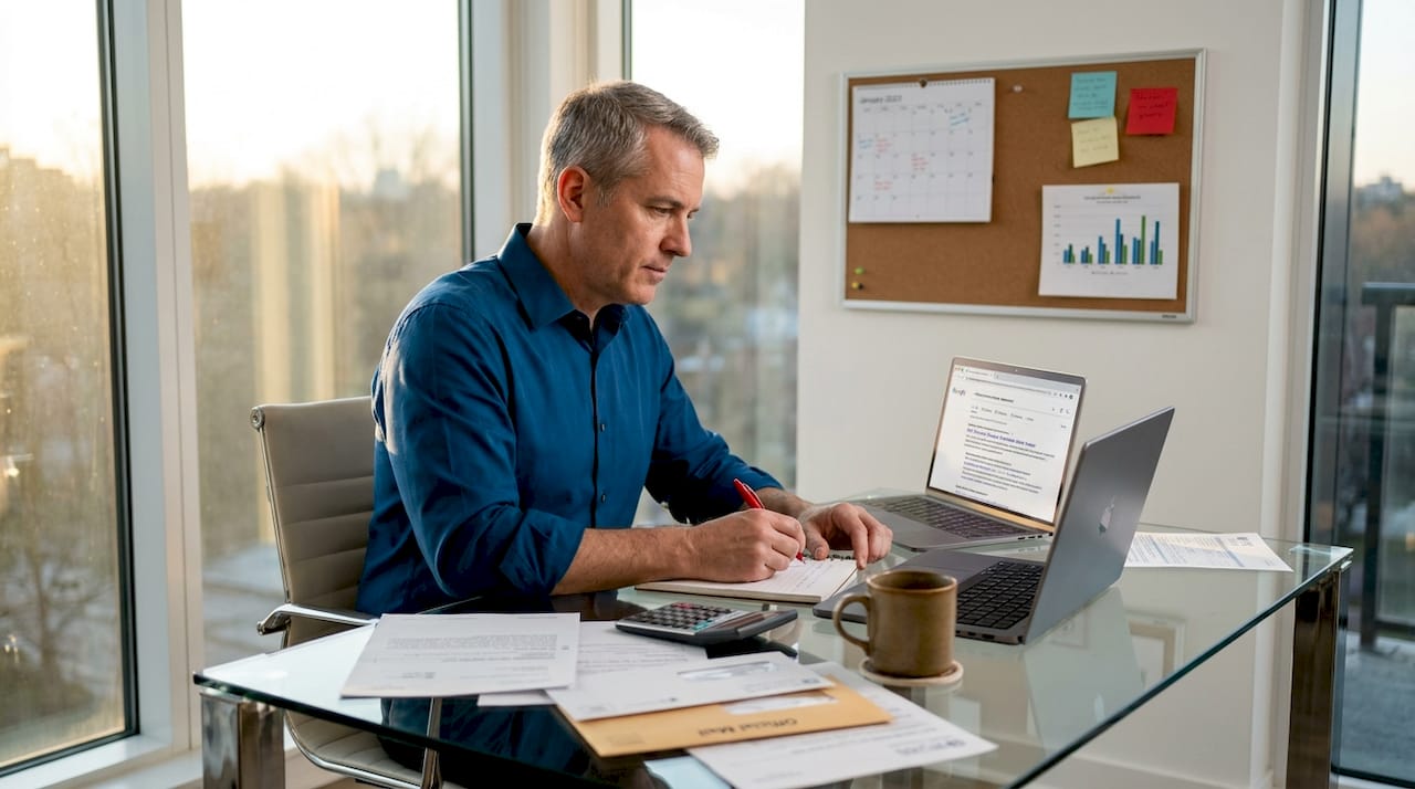 Man researches first-time penalty abatement at home desk