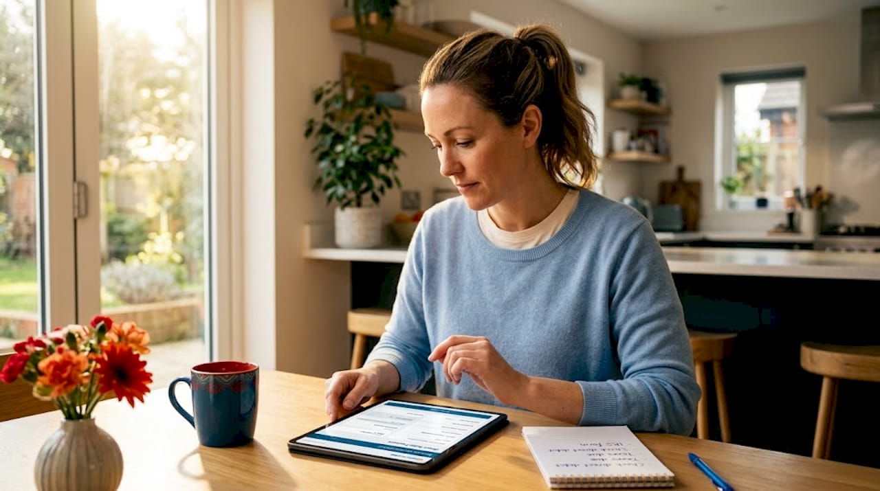 Woman setting up direct debit at kitchen table