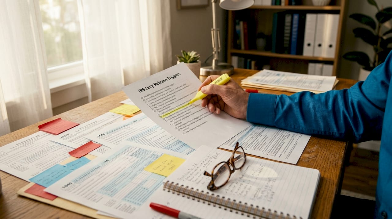 Hands preparing IRS levy release trigger documents on desk