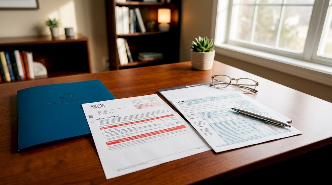 IRS penalty notice and tax form on desk