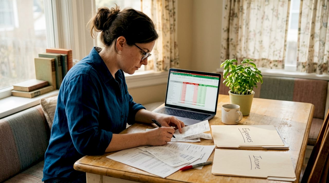 Woman organizing financial documents at kitchen table