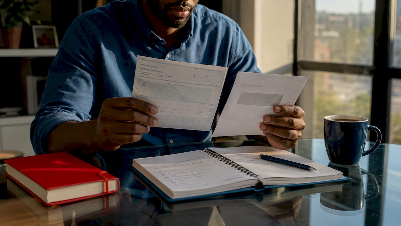 Hands holding paycheck and IRS levy at desk