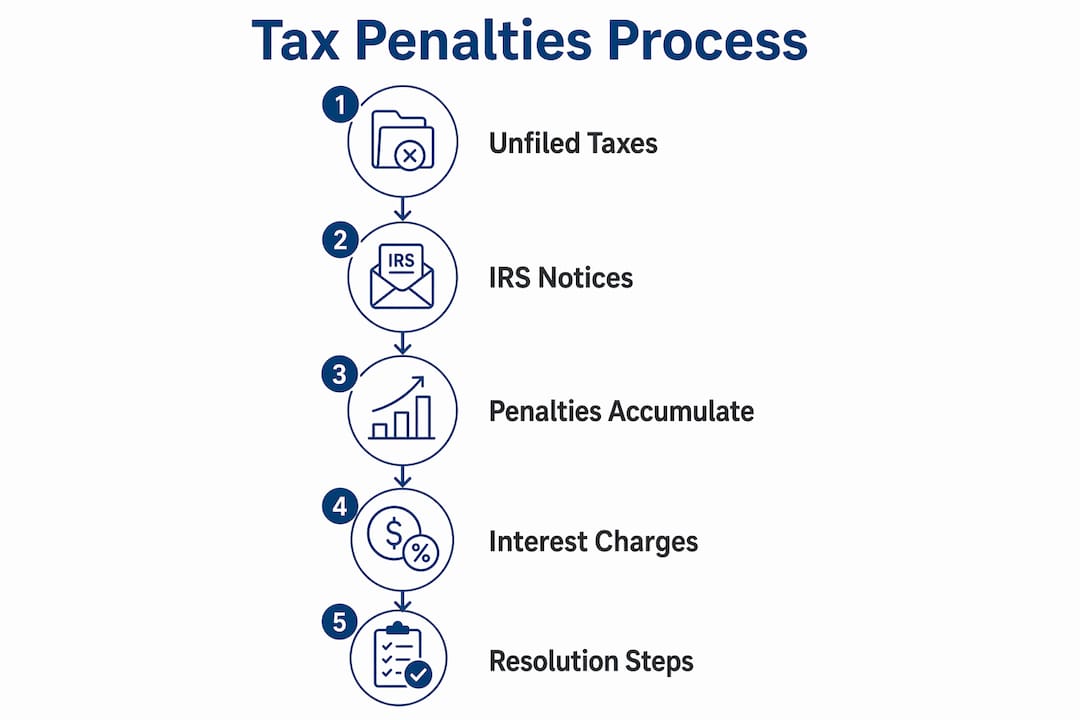 Infographic showing tax penalties progression steps