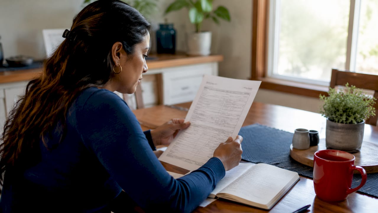 Hands holding IRS wage levy notice at office desk