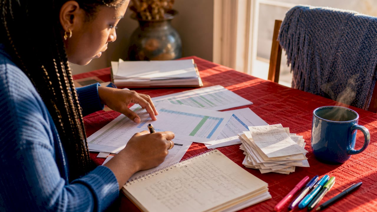 Hands organizing monthly tax payment budget spreadsheets