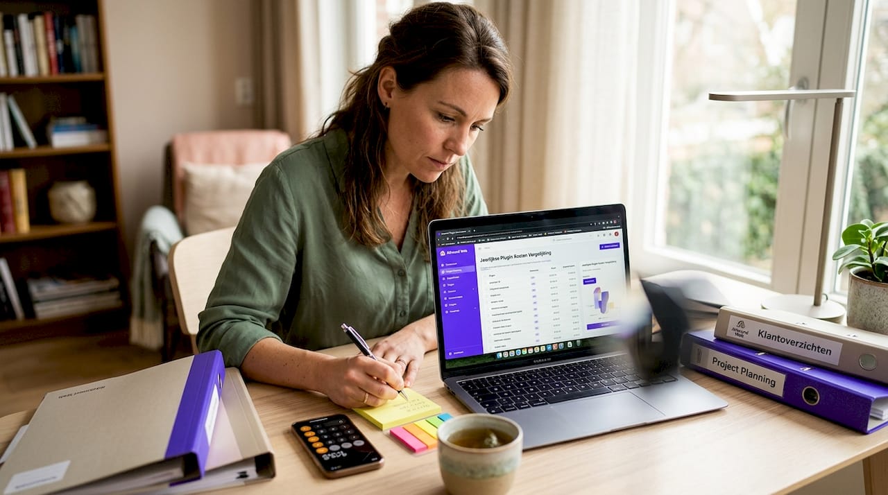 Vrouw zet de verschillende kosten van plugins op een rijtje aan de keukentafel