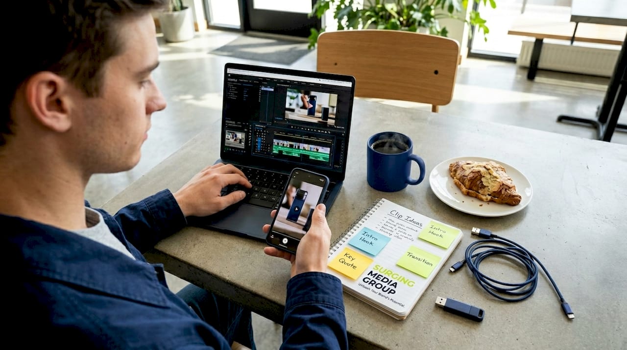 Coordinator repurposing product videos on laptop
