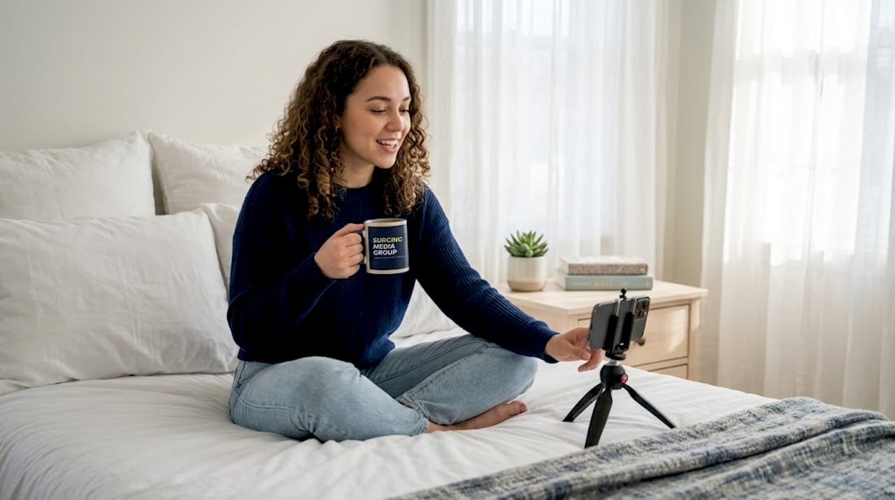 Young woman records short product video at home