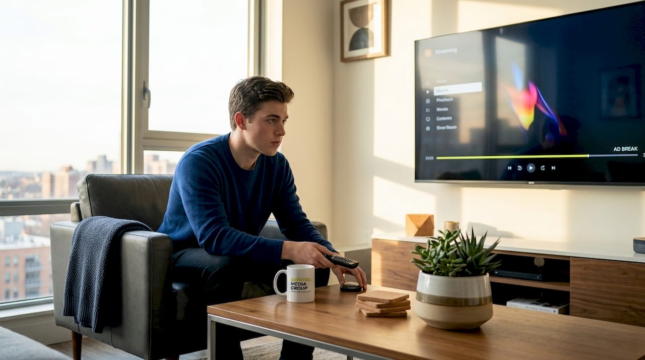 Person viewing streaming ads on television