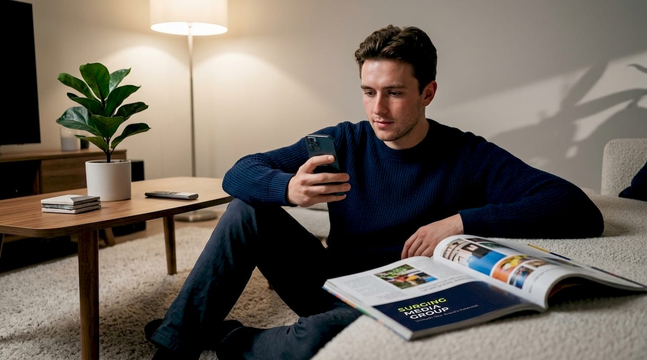 Young man watching video ad on phone