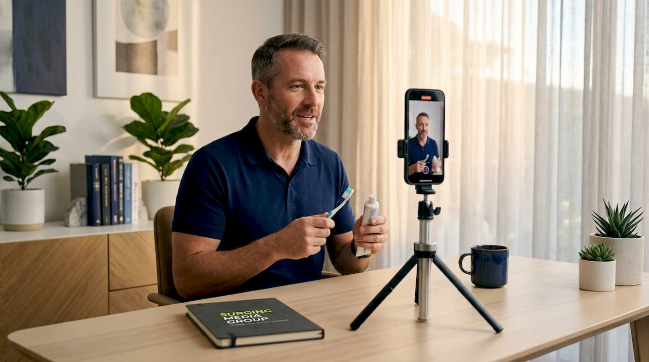 Man records product demo video at desk