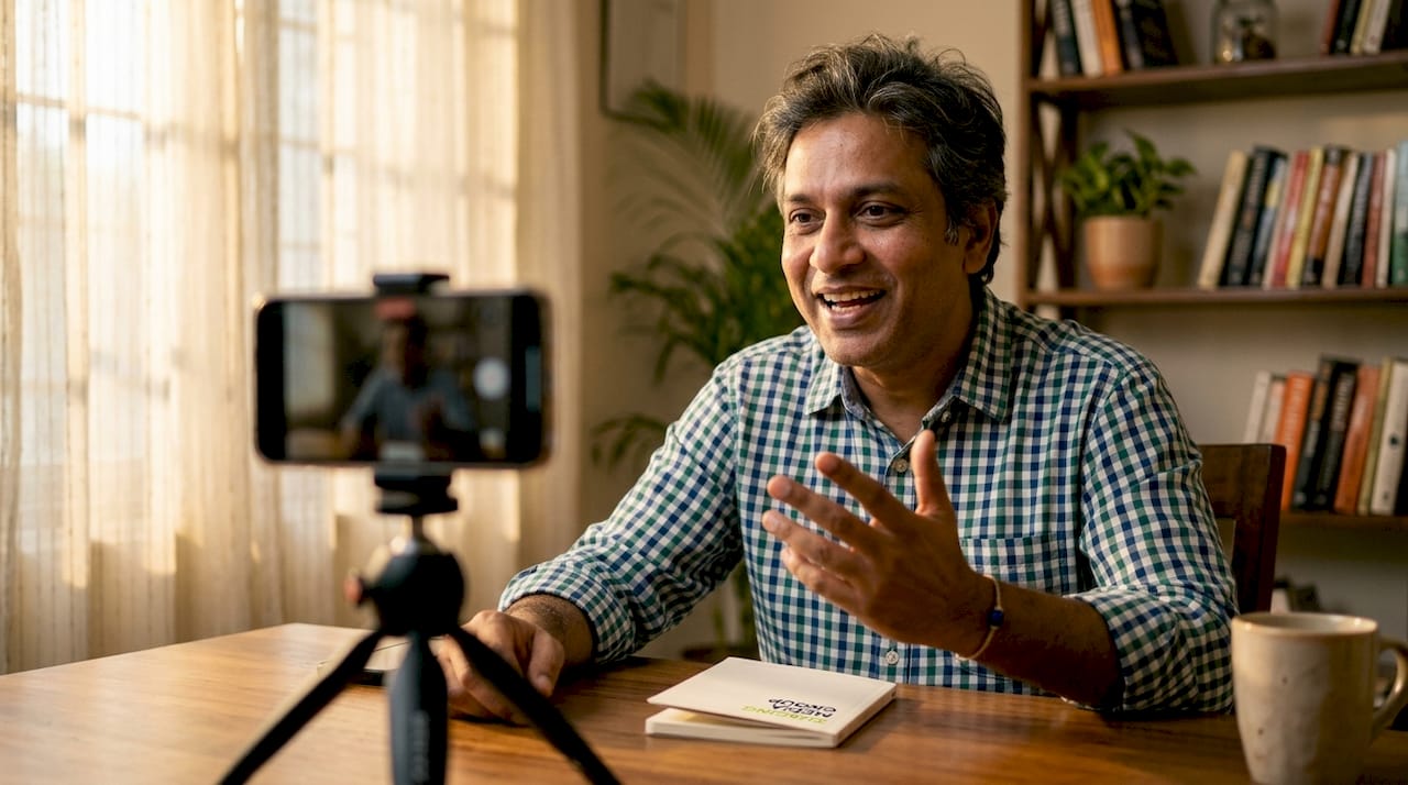 Man recording authentic video testimonial at home