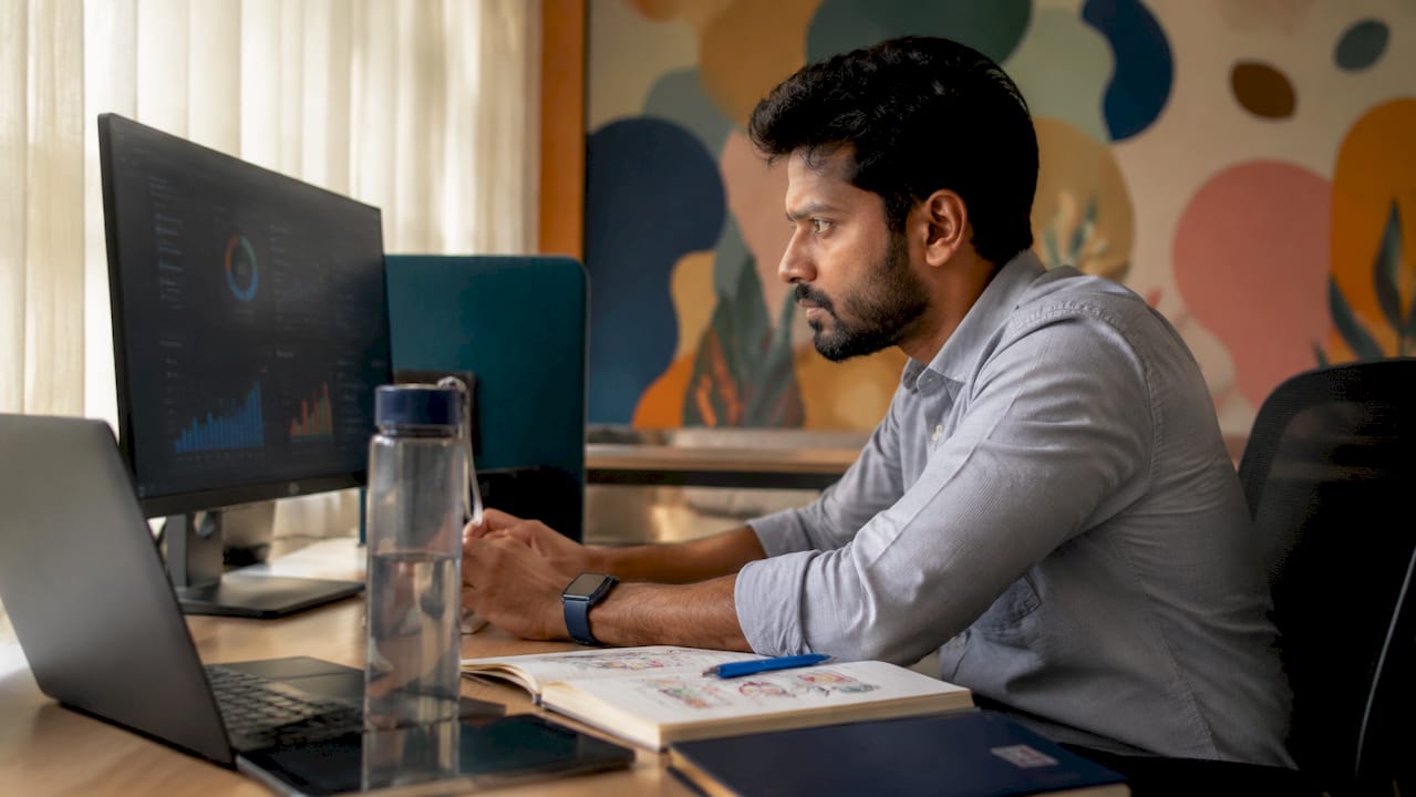 Marketer reviewing social commerce video data in office
