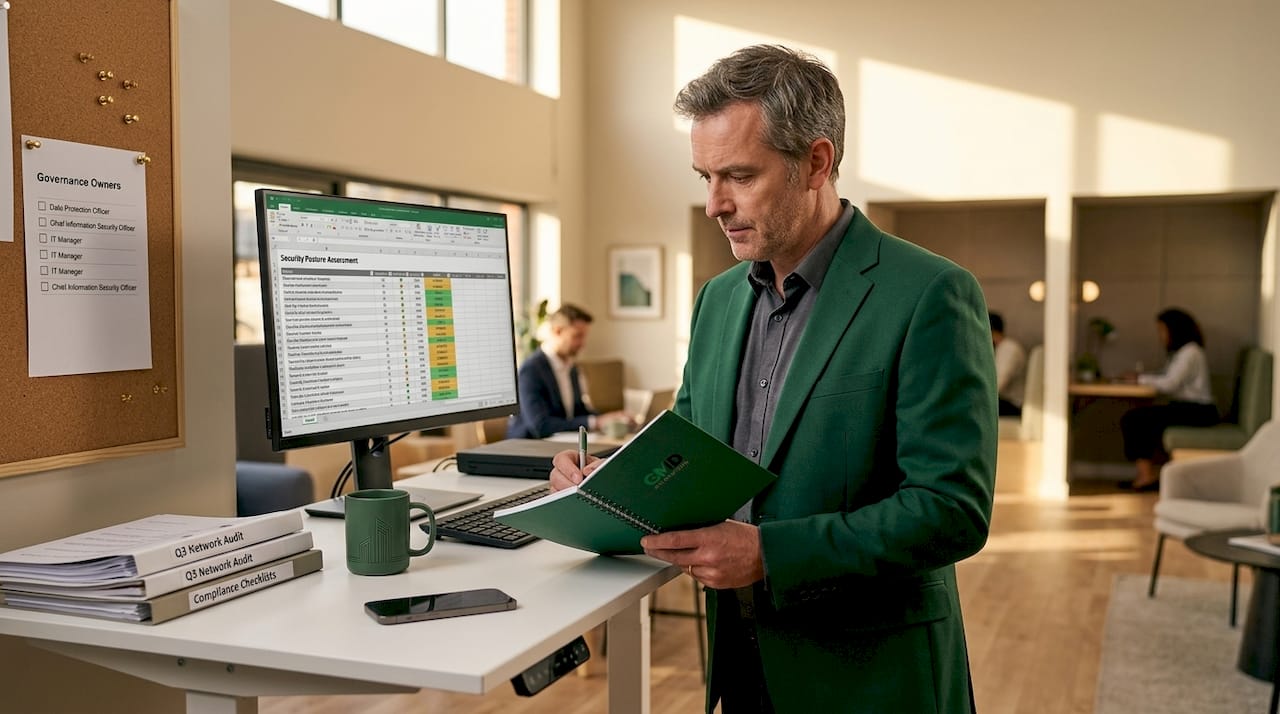 IT manager reviewing security posture checklist