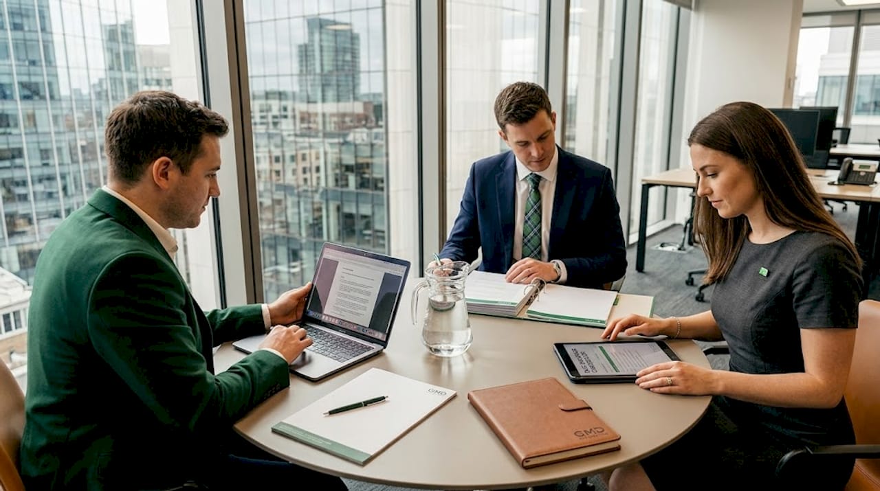 Team reviews due diligence documents together