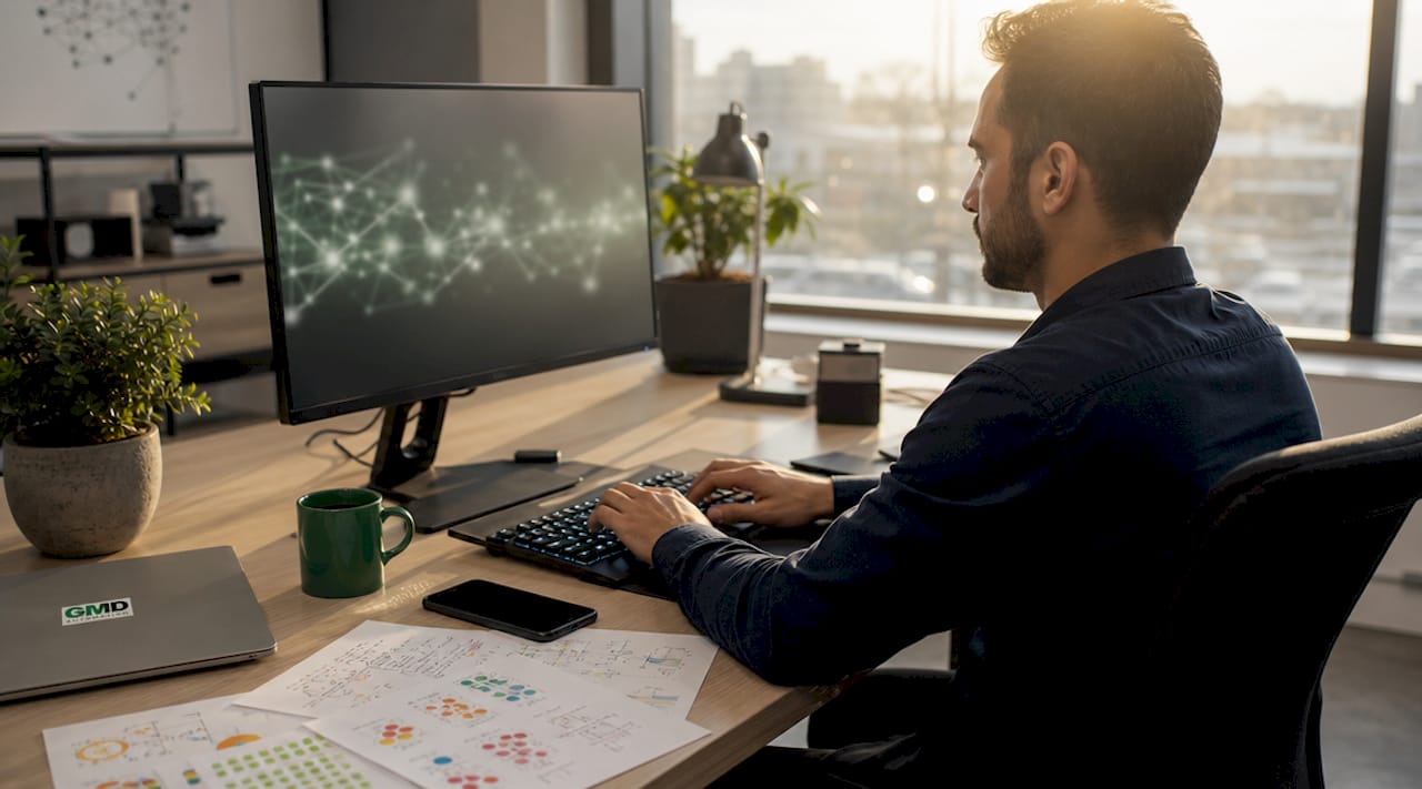Hands typing on keyboard next to AI data charts