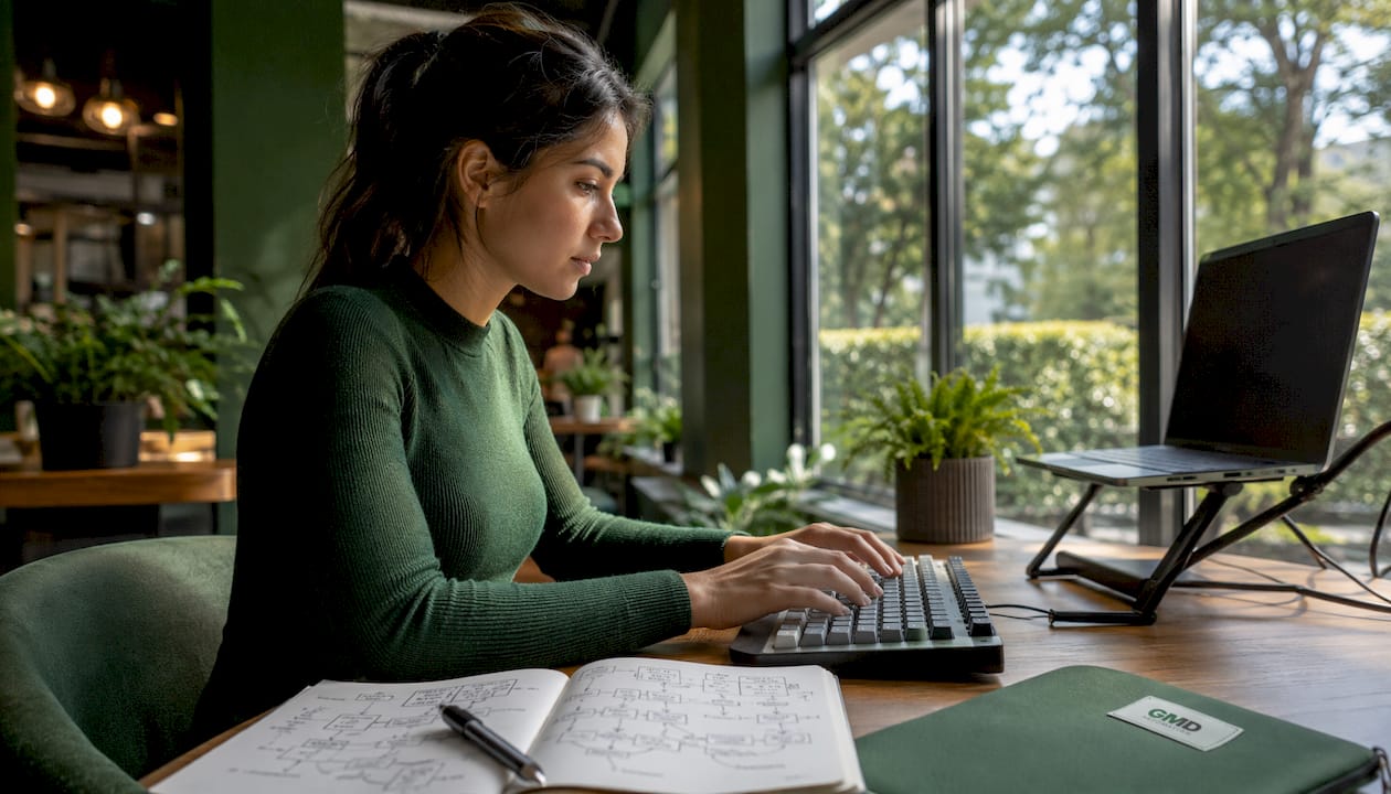 Hands typing with notes on LLM processing phases
