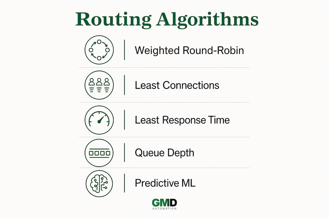 Infographic showing routing algorithm steps in AI load balancing