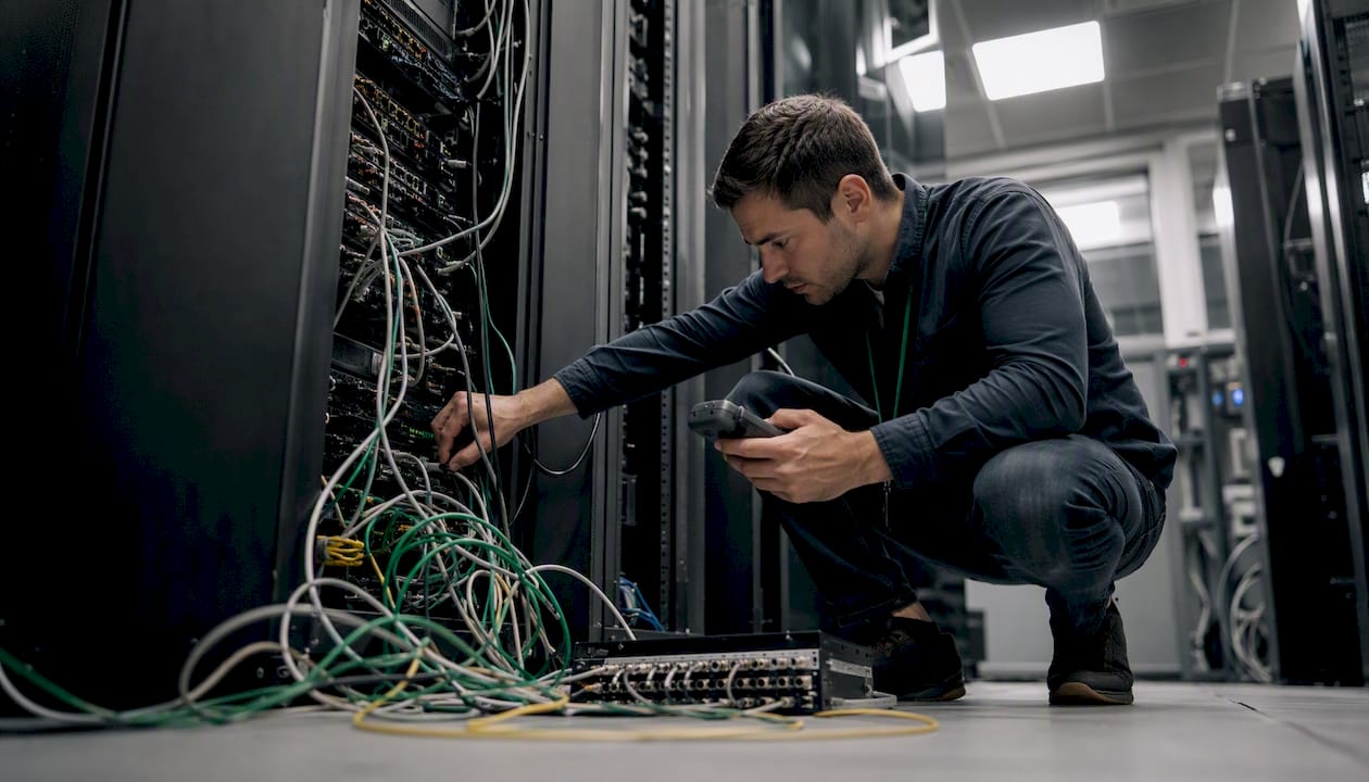 Engineer diagnosing network cable connections in server room