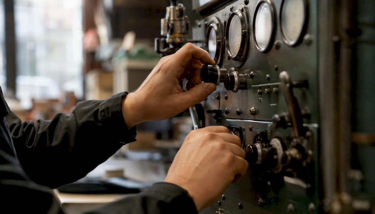 Operator hands adjusting controls on industrial panel