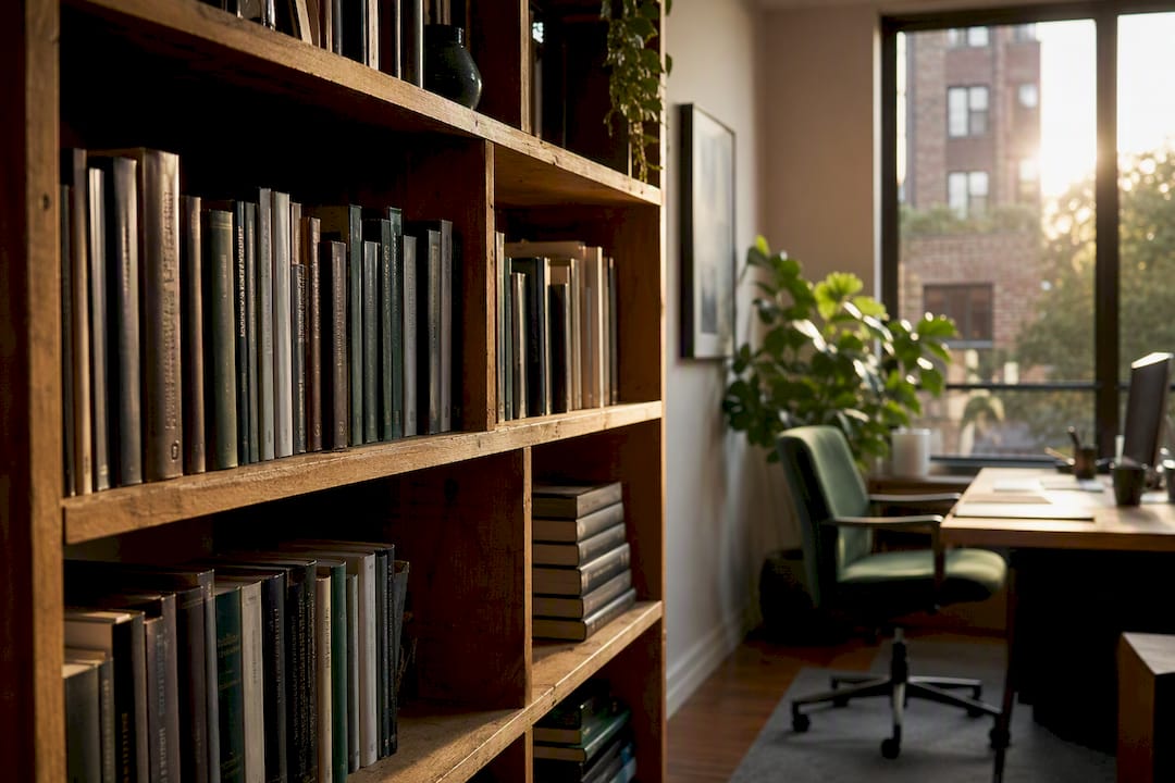 Office shelf with books on AI bias and ethics