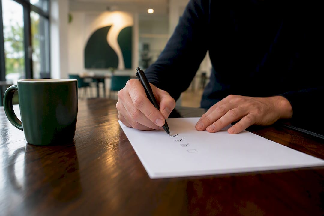 Hands crossing out checklist on desk