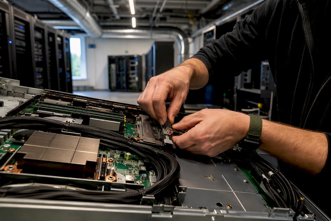 Hands connecting AI system module in data center