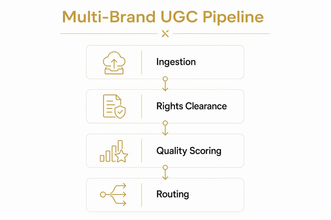 Infographic illustrating multi-brand UGC pipeline steps