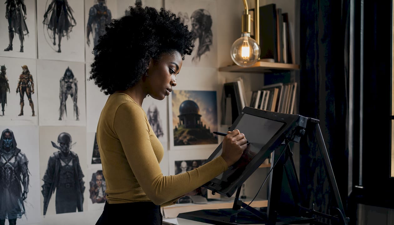 Woman using digital tablet for AI co-creation