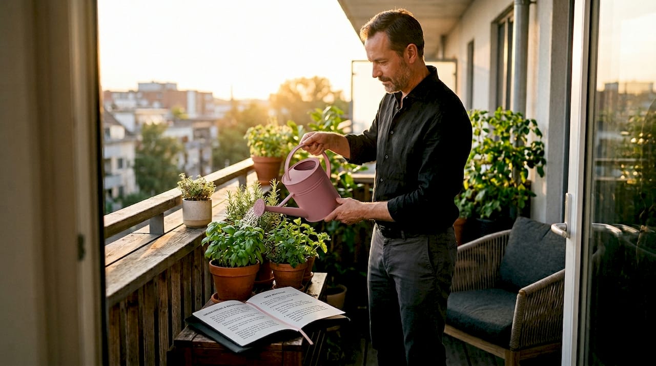 Man caring for balcony herb garden after work