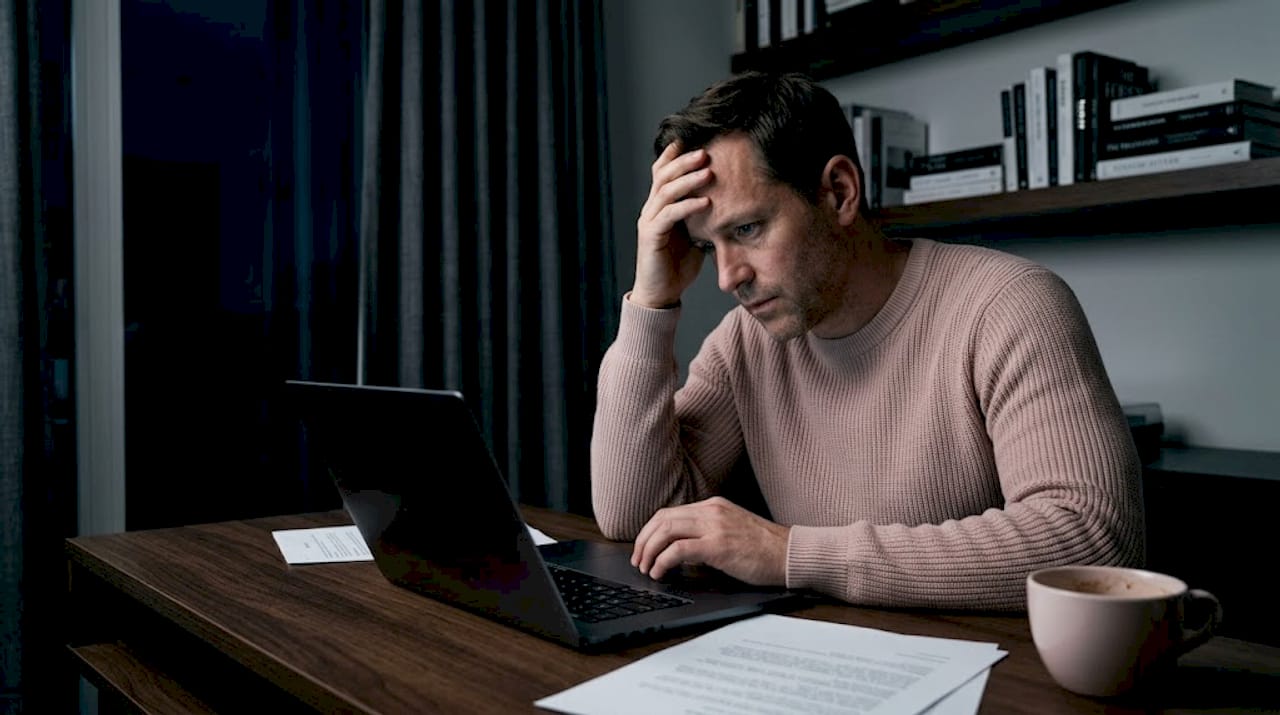 Man quietly doubting himself at home desk