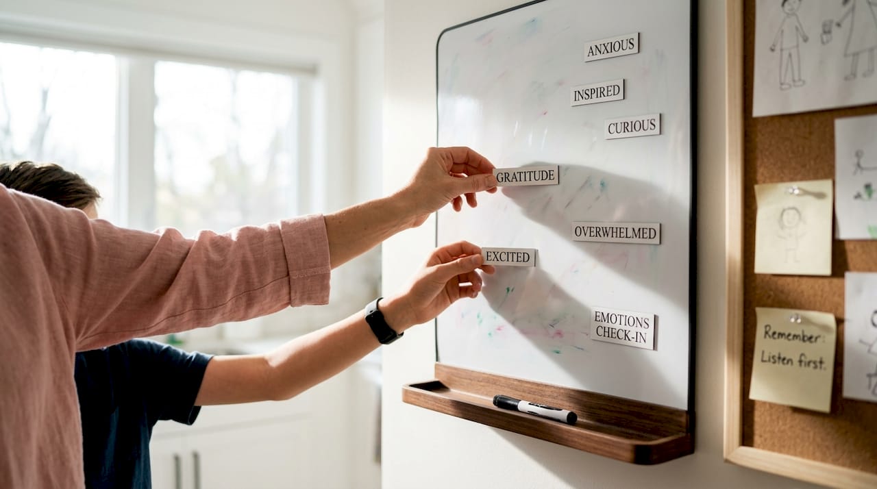 Hands using emotion word magnets on board
