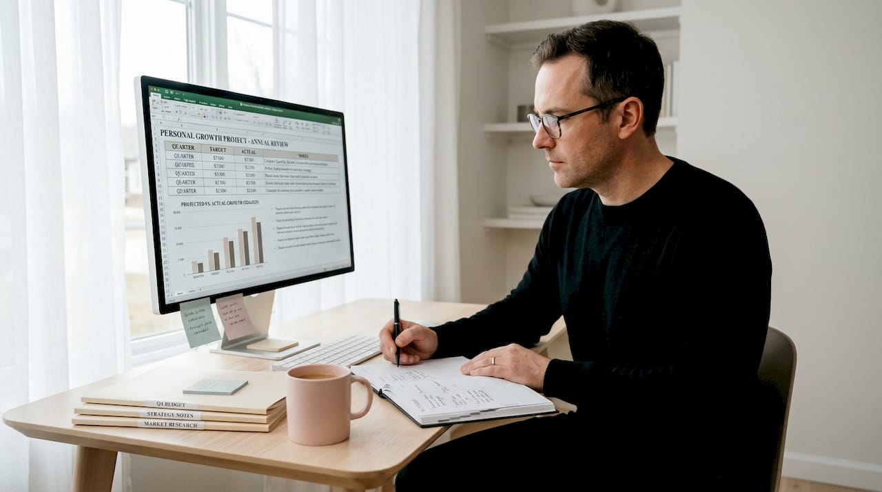 Man reviewing personal growth spreadsheet at home desk