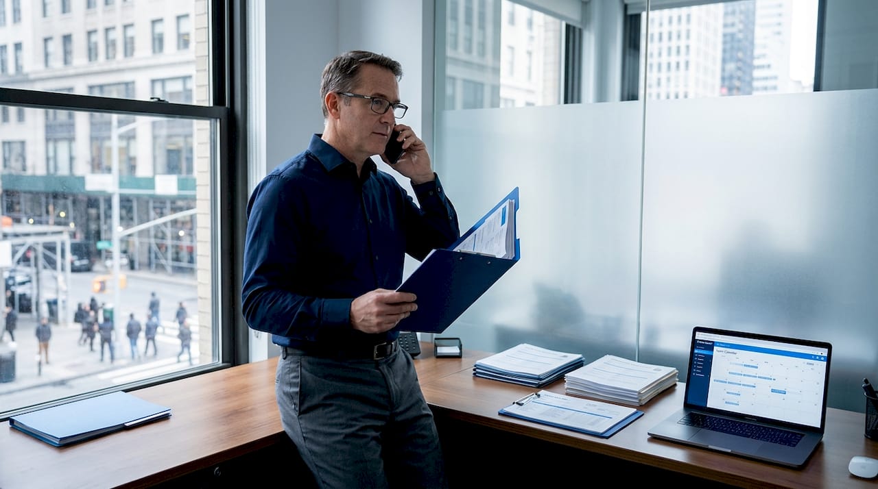 Manager reviewing HVAC supervisor hiring files