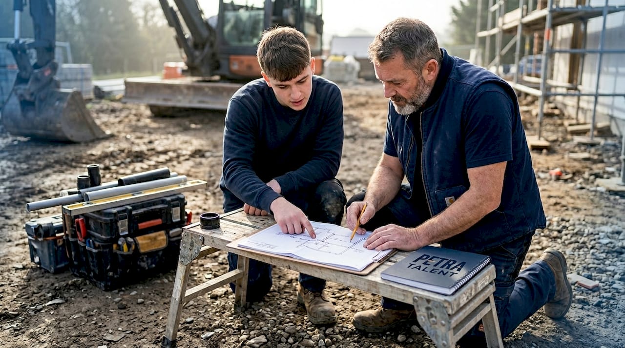 Apprentice and foreman review piping jobsite plan